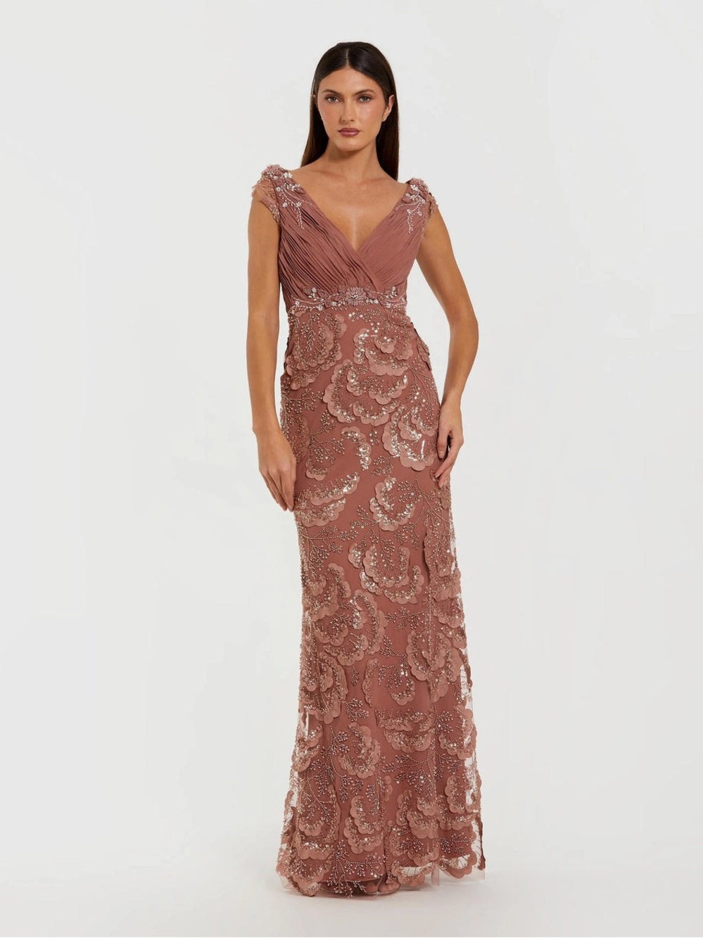 Mac Duggal 69022 Pink Floral Beaded Chiffon V-Neck Evening Gown Sz 12